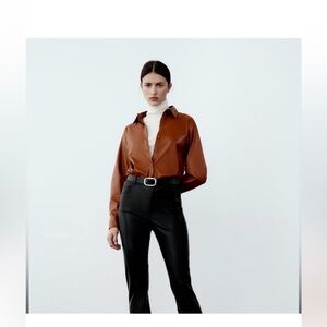 Zara Brown Leather Button Down Top Size Small
